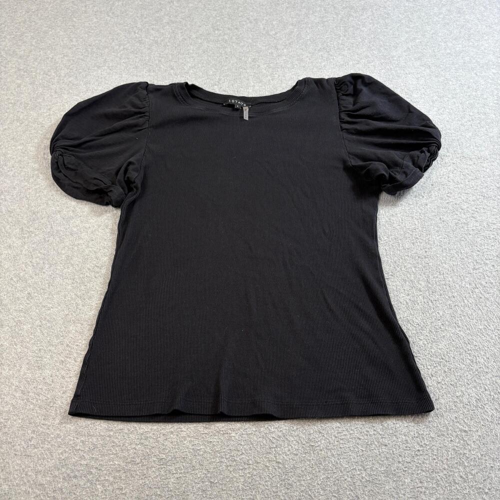 1 STATE Shirt Womens Large Black Puff Sleeve Cotton Crewneck Ribbed Whimsy Goth
